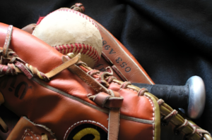 a baseball with a bat in a leather bag