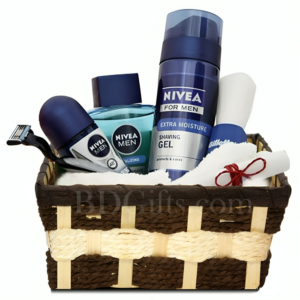 A men's grooming gift basket featuring Nivea products like shaving gel, deodorant, and aftershave—ideal for those searching for Gift Baskets for Men.