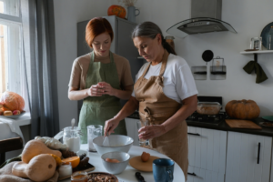 Elderly Woman Wearing Brown Apron Holding a Whisk