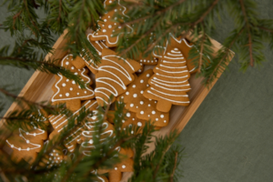 Brown Christmas Tree-Shaped Gingerbread Cookies in a Wooden Crate