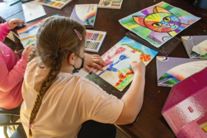 Girls Sitting at Table and Drawing
