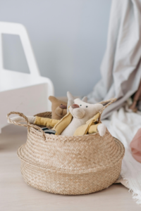 Stuffed Toys inside a Woven Basket
