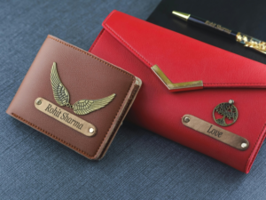 Personalized  leather wallets and pen where name Rohit  Sharma is written