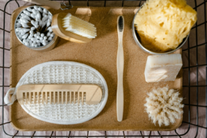 Bathing Essentials and Toiletries on a Wooden Tray