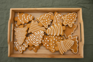 Brown Christmas Tree-Shaped Gingerbread Cookies in a Wooden Crate
