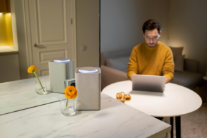 White Portable Speaker on Table