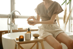 A Woman Sitting on the Bathtub